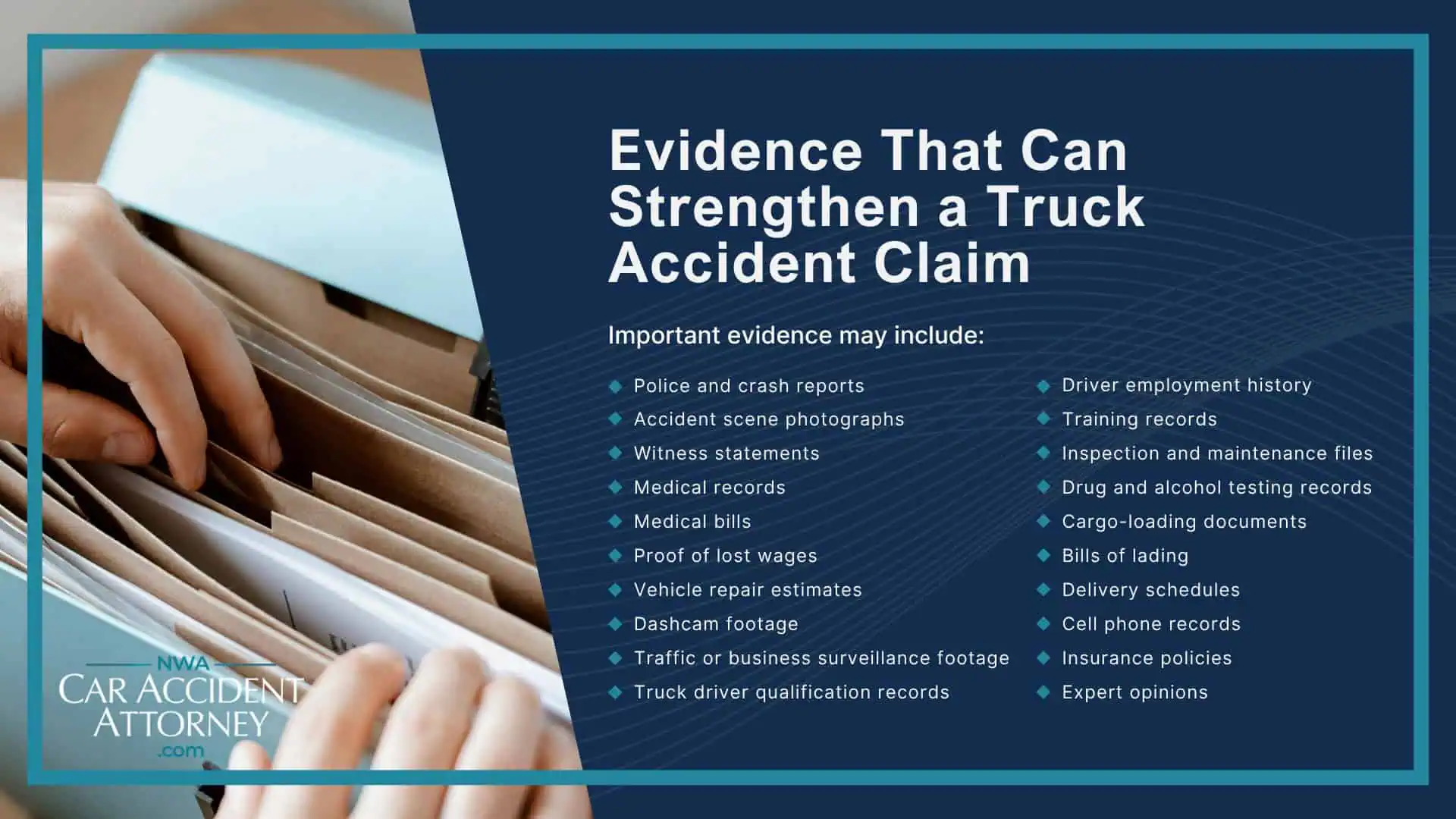 Why Truck Accident Cases Are Different From Other Motor Vehicle Accidents; Common Causes of Truck Accidents in Fayetteville; Dangerous Highways and Truck Routes in Fayetteville and Northwest Arkansas; Types of Truck Accident Cases We Handle; Federal Trucking Regulations That May Affect Your Case; Who May Be Liable for a Truck Accident; Evidence That Can Strengthen a Truck Accident Claim