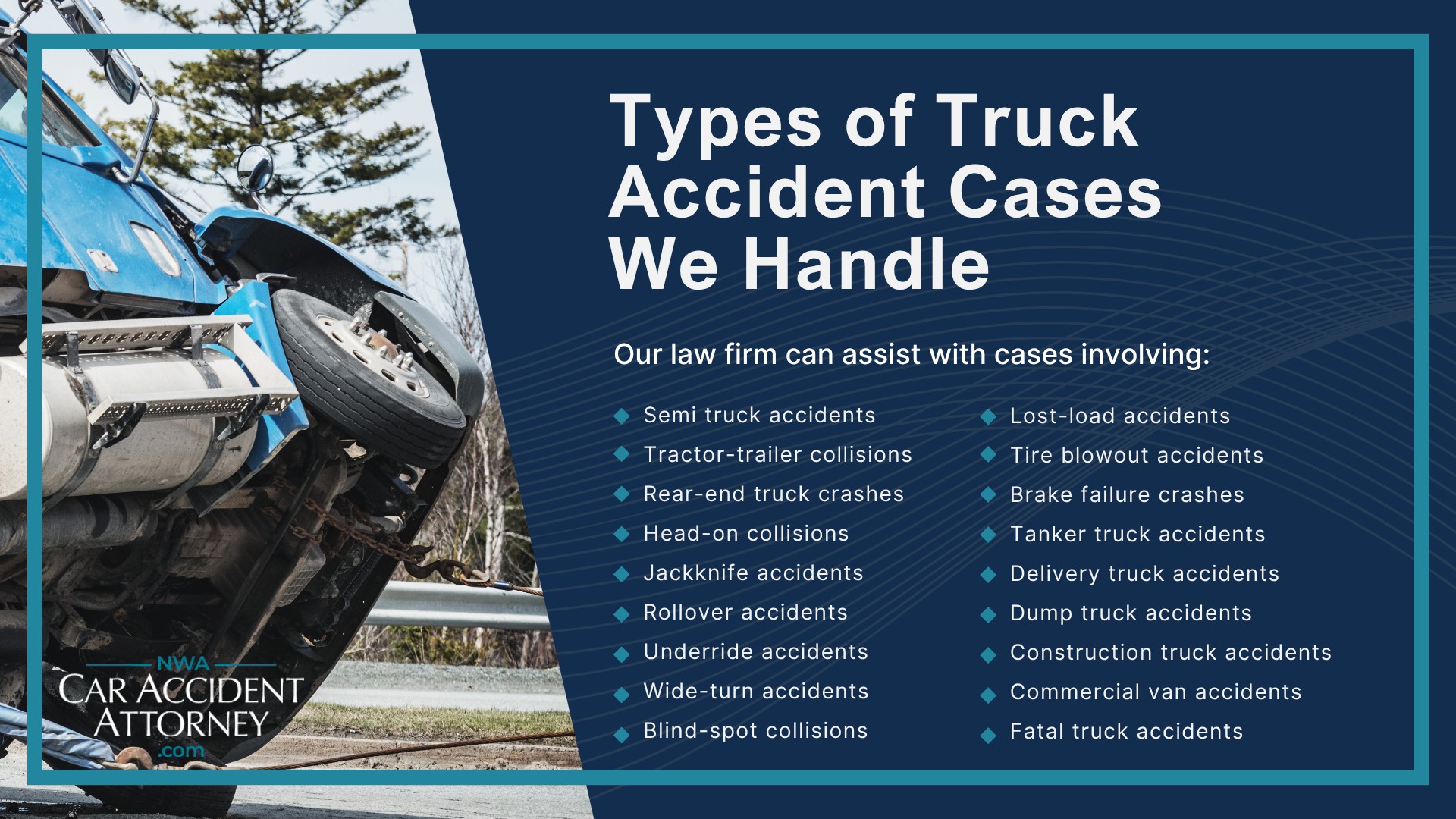 Why Truck Accident Cases Are Different From Other Motor Vehicle Accidents; Common Causes of Truck Accidents in Fayetteville; Dangerous Highways and Truck Routes in Fayetteville and Northwest Arkansas; Types of Truck Accident Cases We Handle