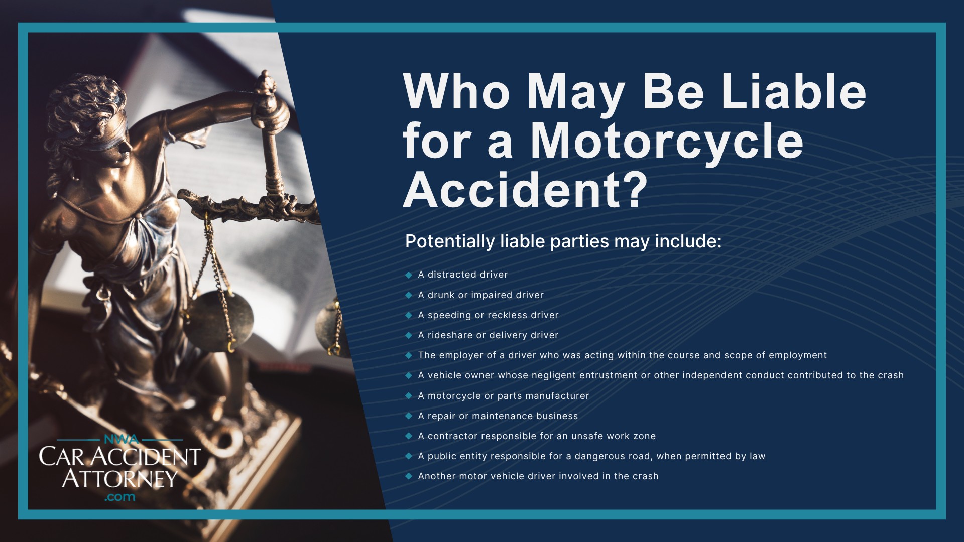 Why Motorcycle Accident Cases Are Different From Other Traffic Accidents; Common Causes of Motorcycle Accidents in Fayetteville; Where Motor Vehicle Accidents Happen in Fayetteville and Northwest Arkansas; Arkansas Motorcycle Laws That May Affect Your Claim; Who May Be Liable for a Motorcycle Accident