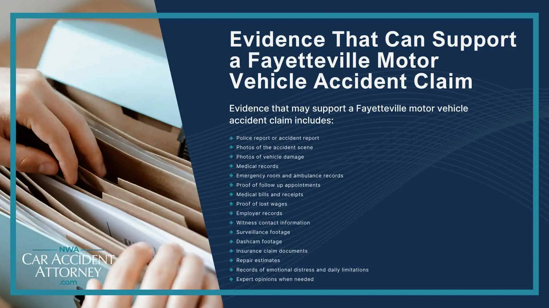 Why Motor Vehicle Accident Claims in Fayetteville Can Be Complicated; Common Types of Motor Vehicle Accidents in Fayetteville; Where Motor Vehicle Accidents Happen in Fayetteville and Northwest Arkansas; Common Causes of Motor Vehicle Accidents; Injuries Caused by Motor Vehicle Accidents; What To Do After a Motor Vehicle Accident in Fayetteville; Who May Be Liable for a Motor Vehicle Accident; Evidence That Can Support a Fayetteville Motor Vehicle Accident Claim