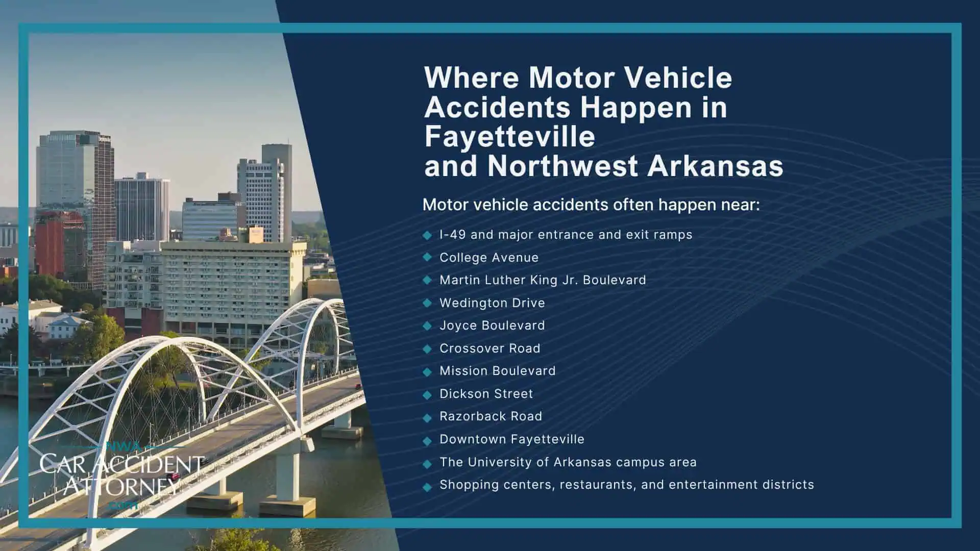 Why Motor Vehicle Accident Claims in Fayetteville Can Be Complicated; Common Types of Motor Vehicle Accidents in Fayetteville; Where Motor Vehicle Accidents Happen in Fayetteville and Northwest Arkansas