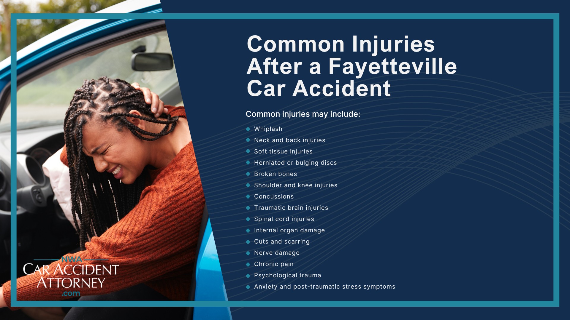 Why Motor Vehicle Accident Claims in Fayetteville Can Be Complicated; Common Causes of Car Accidents in Fayetteville; Dangerous Roads and Intersections for Car Accidents in Fayetteville; Types of Car Accidents We Handle; Common Injuries After a Fayetteville Car Accident