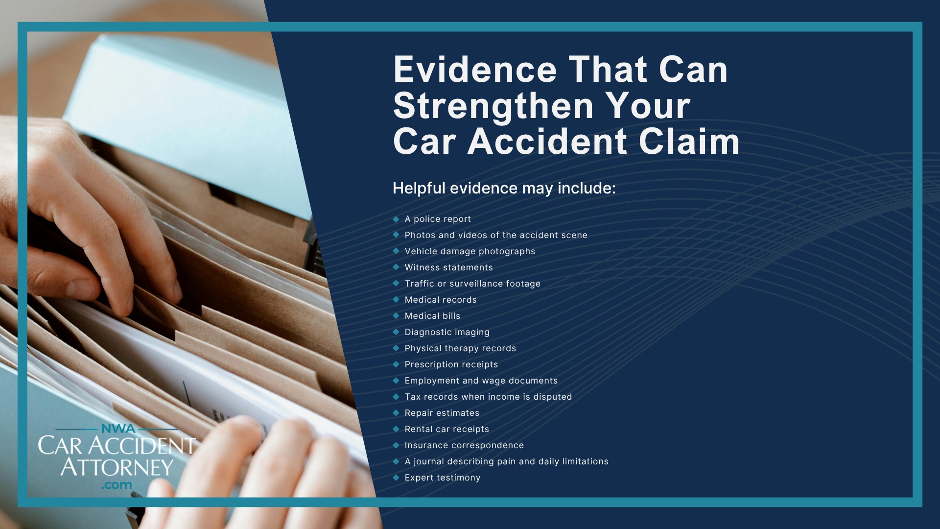 Why Motor Vehicle Accident Claims in Fayetteville Can Be Complicated; Common Causes of Car Accidents in Fayetteville; Dangerous Roads and Intersections for Car Accidents in Fayetteville; Types of Car Accidents We Handle; Common Injuries After a Fayetteville Car Accident; What To Do After a Car Accident in Fayetteville; When Should You Contact a Fayetteville Car Accident Lawyer; Filing a Car Accident Claim in Arkansas; Who May Be Liable for a Fayetteville Car Accident; Evidence That Can Strengthen Your Car Accident Claim