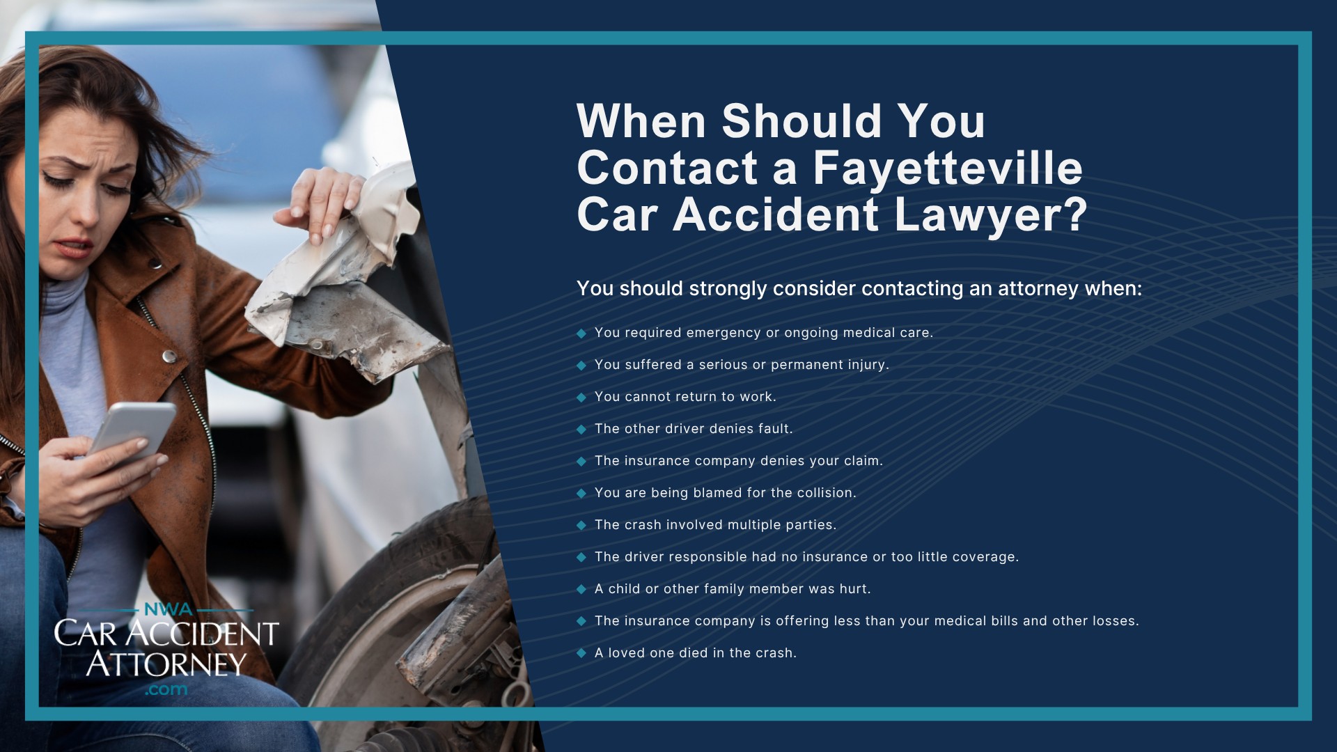 Why Motor Vehicle Accident Claims in Fayetteville Can Be Complicated; Common Causes of Car Accidents in Fayetteville; Dangerous Roads and Intersections for Car Accidents in Fayetteville; Types of Car Accidents We Handle; Common Injuries After a Fayetteville Car Accident; What To Do After a Car Accident in Fayetteville; When Should You Contact a Fayetteville Car Accident Lawyer
