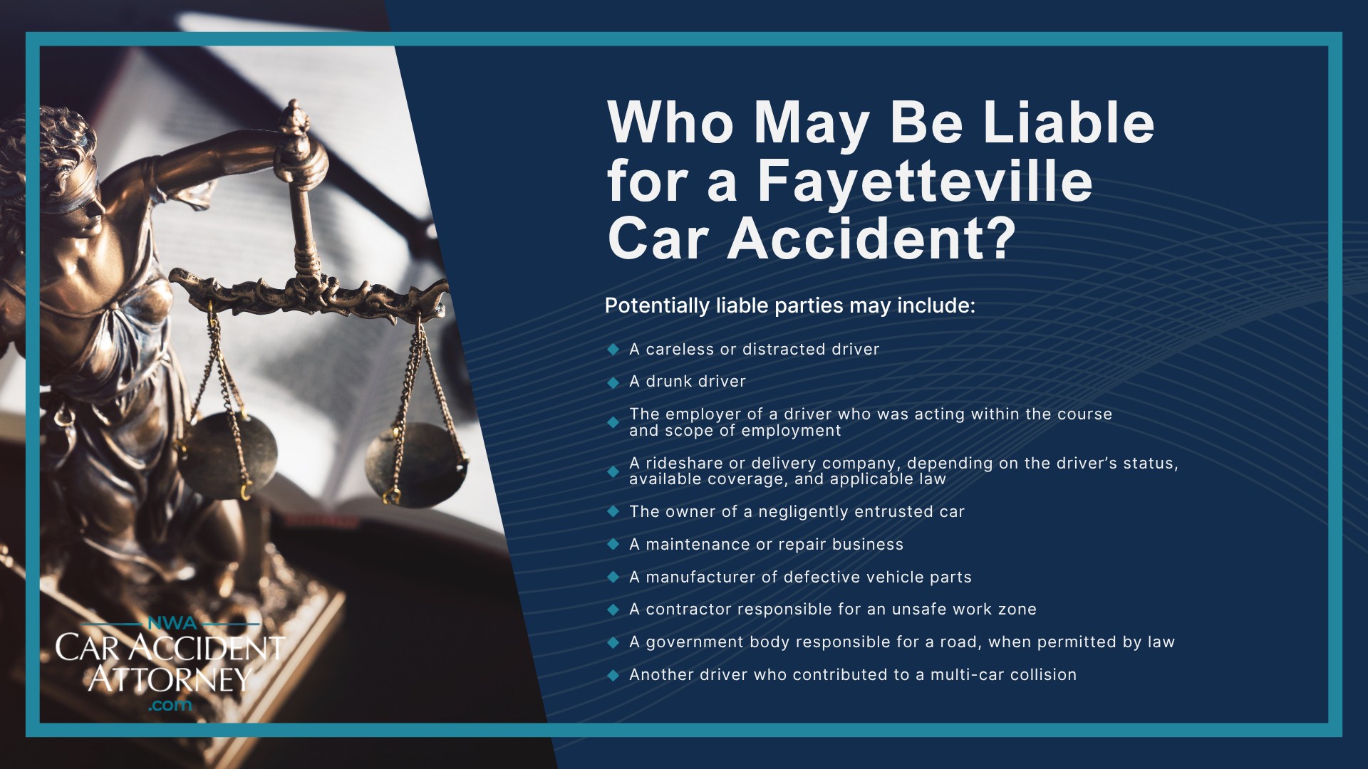 Why Motor Vehicle Accident Claims in Fayetteville Can Be Complicated; Common Causes of Car Accidents in Fayetteville; Dangerous Roads and Intersections for Car Accidents in Fayetteville; Types of Car Accidents We Handle; Common Injuries After a Fayetteville Car Accident; What To Do After a Car Accident in Fayetteville; When Should You Contact a Fayetteville Car Accident Lawyer; Filing a Car Accident Claim in Arkansas; Who May Be Liable for a Fayetteville Car Accident