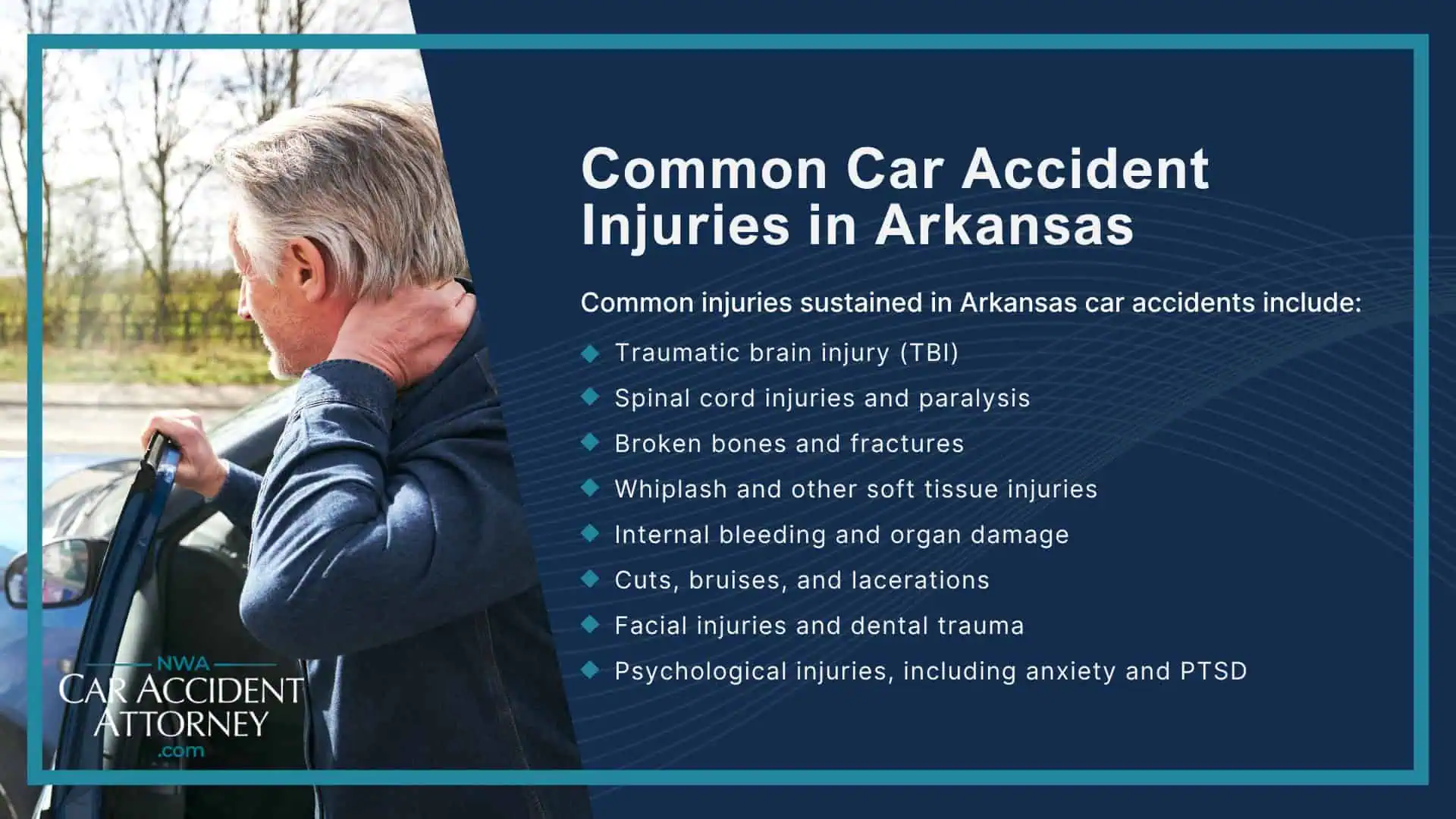 Meet the Attorneys at Our Motor Vehicle Accident Law Firm; Types of Auto Accident Claims Our Law Firm Handles; What To Do After a Motor Vehicle Accident in Arkansas; Gathering Evidence for a Car Accident Injury Claim; Damages in a Motor Vehicle Accident Case; The Personal Injury Lawsuit Process in Arkansas Explained; Arkansas Auto Accident Statistics; Common Car Accident Injuries in Arkansas