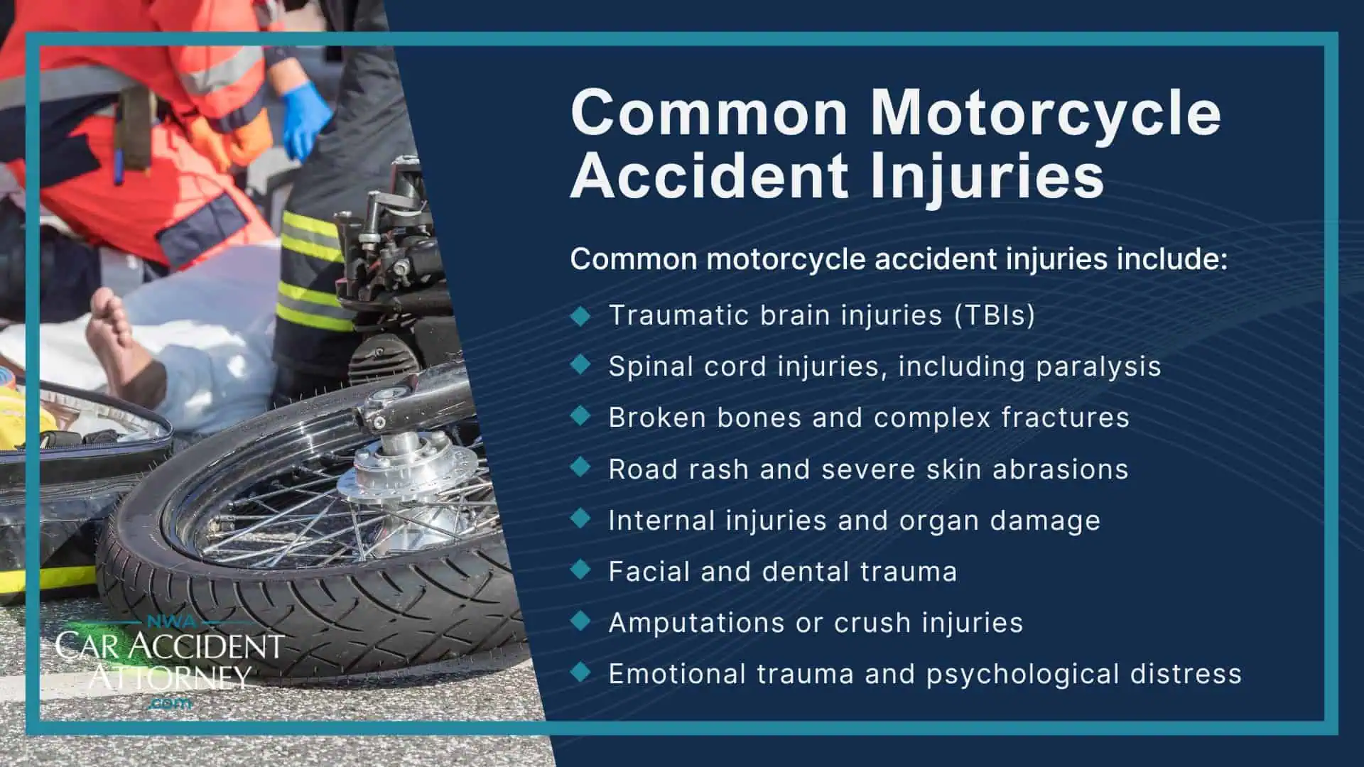 Meet the Attorneys at Our Motorcycle Accident Law Firm; Sean Keith_ Founder and Lead Motorcycle Accident Lawyer; Brynna Barnica_ Experienced Motorcycle Accident Lawyer; What To Do After a Motorcycle Accident in Northwest Arkansas; Gathering Evidence for a Motorcycle Accident Claim; Damages in a Motorcycle Accident Claim; The Legal Process for Motorcycle Accident Cases in Arkansas; Relevant Motorcycle Laws in Arkansas; Common Causes of Motorcycle Accidents in Arkansas; Common Motorcycle Accident Injuries